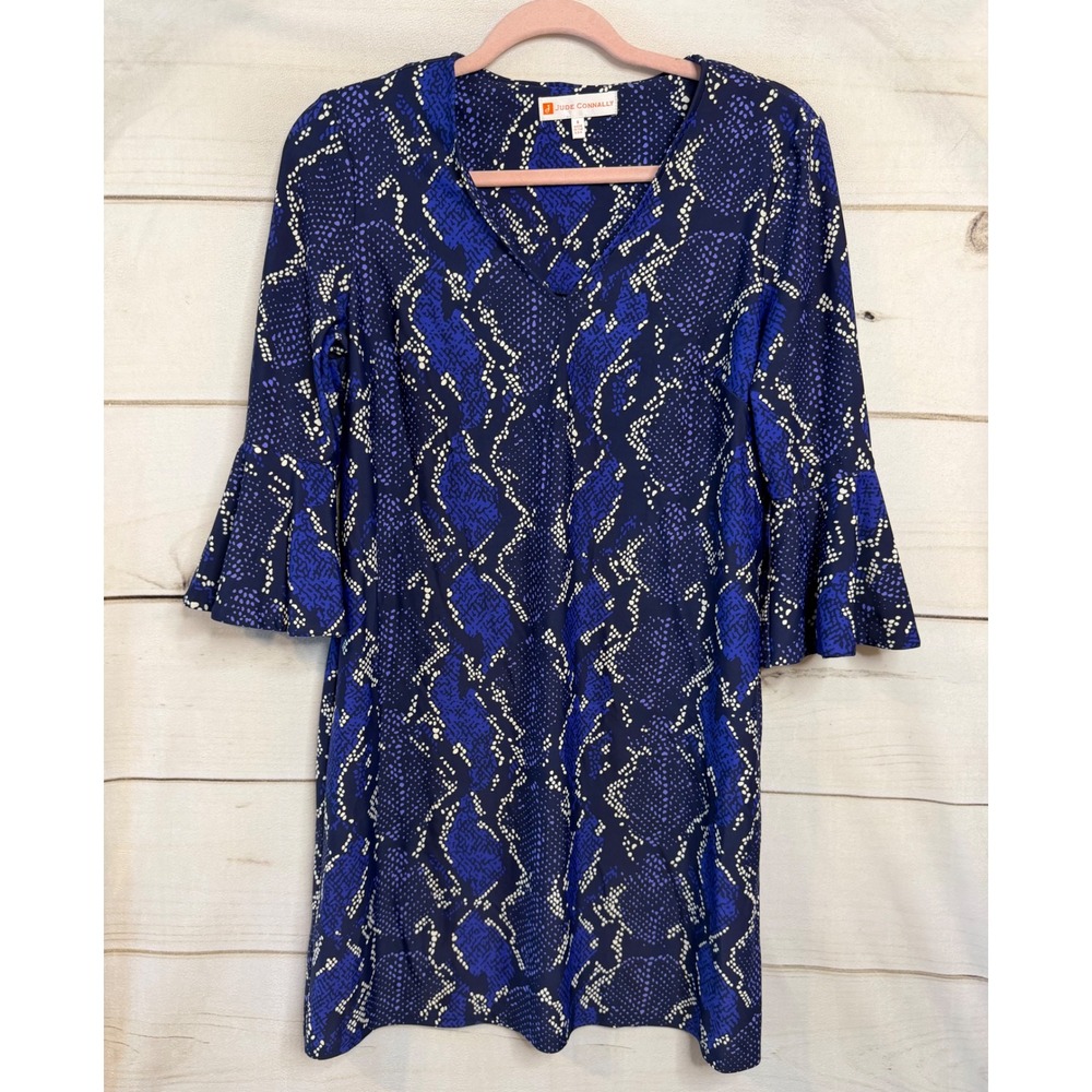 Jude‎ Connally Blue Snakeskin Print Bell Sleeve Shift Dress Womens Size S 101583